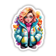 Colorful Puffer Jacket Woman: Vibrant Sticker Design featuring a cartoon girl with pink hair in a blue jacket. Available as stickers or digital artwork.