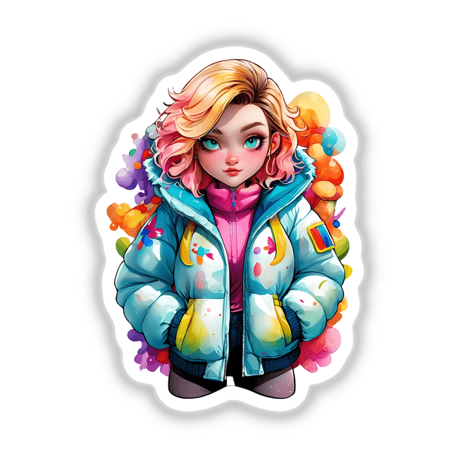 Colorful Puffer Jacket Woman: Vibrant Sticker Design featuring a cartoon girl with pink hair in a blue jacket. Available as stickers or digital artwork.