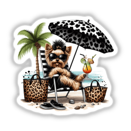 Everything Leopard Yorkie Beach Dog artwork features a stylish Yorkie in sunglasses lounging on a chair with a leopard print purse, drink, and umbrella, available as stickers or digital art.