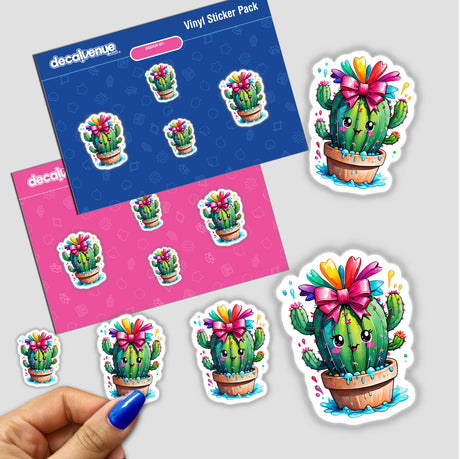 Cartoon sticker pack featuring various Happy Cactus designs, including cacti with bows and in pots, available as stickers or digital artwork.