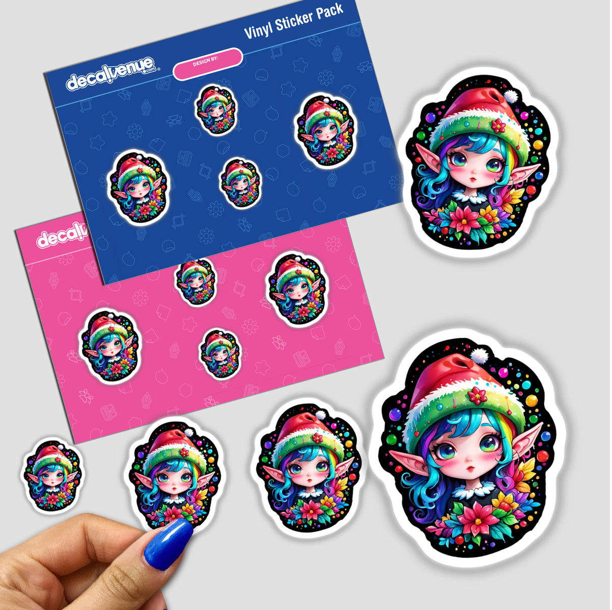 Santa's Little Helper: Kawaii Elf stickers featuring a cartoon girl with blue hair and a hat, ideal for unique decorations or digital artwork.