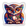 Owl in Reading Glasses with Open Book and Baseball: A whimsical artwork featuring a spectacled owl reading an open book with a baseball nearby, available as vinyl stickers or digital art.