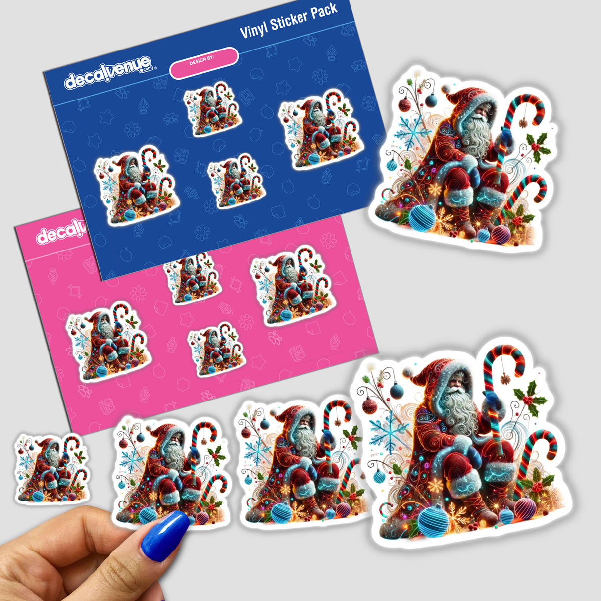 Luminous Santa in Christmas Sweater - Digital artwork with colorful stickers depicting Santa Claus in a festive holiday scene, displaying various holiday decorations and ornaments.