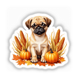 Autumn Themed Pug Clipart featuring a cute pug sitting amidst corn and pumpkins, available as stickers or digital downloads for personal and commercial use.