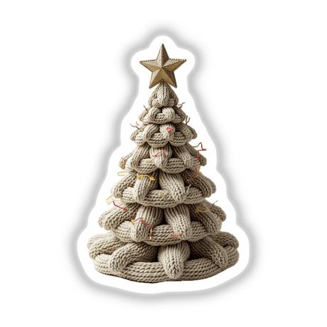 Knitted Yarn Christmas Tree crafted from yarn, topped with a gold star, available as unique stickers or digital artwork. Perfect for festive decoration from Decal Venue's collection.