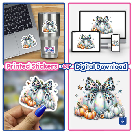 Colorful pumpkins and leopard print bows in a digital art design, displayed on various devices and products from the Decal Venue store. The image showcases the versatility of this fall-themed sticker or digital download, which can be used to express one's style.