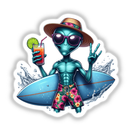 Tropical Alien Peace Out Surfer illustration featuring a cartoon alien with a drink and surfboard, available as stickers or digital artwork from Decal Venue.