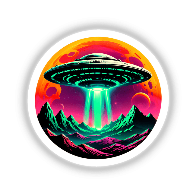 A UFO In Space depicted in vibrant digital artwork, showcasing a green and black UFO amidst colorful mountainous scenery. Available as stickers or digital art from Decal Venue.