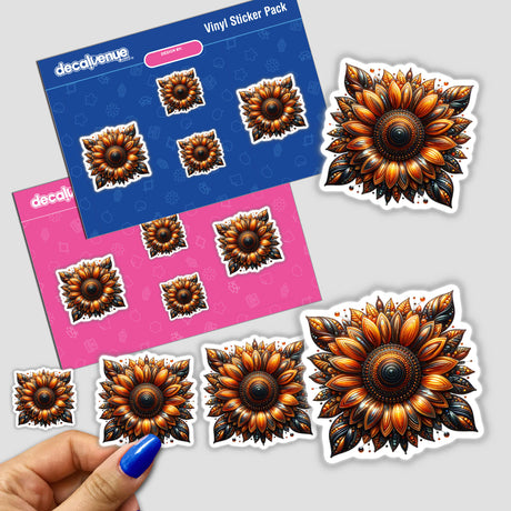 Hand holding an Intricate Sunflower Mandala sticker pack with detailed flower designs.