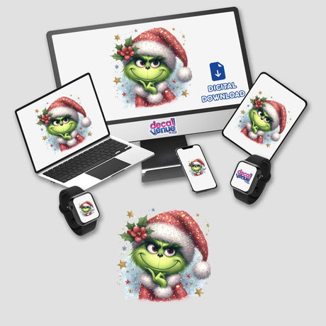 Thinking Mean Green Glitter Christmas Grouch displayed on a computer monitor and laptop, available as stickers or digital artwork, featuring a cartoon character with a Santa hat.