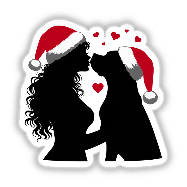 Christmas Santa Lady Loves Her Pitbull Dog: Silhouette of a woman in a Santa hat affectionately kissing a dog, both wearing Santa hats, available as stickers or digital artwork.