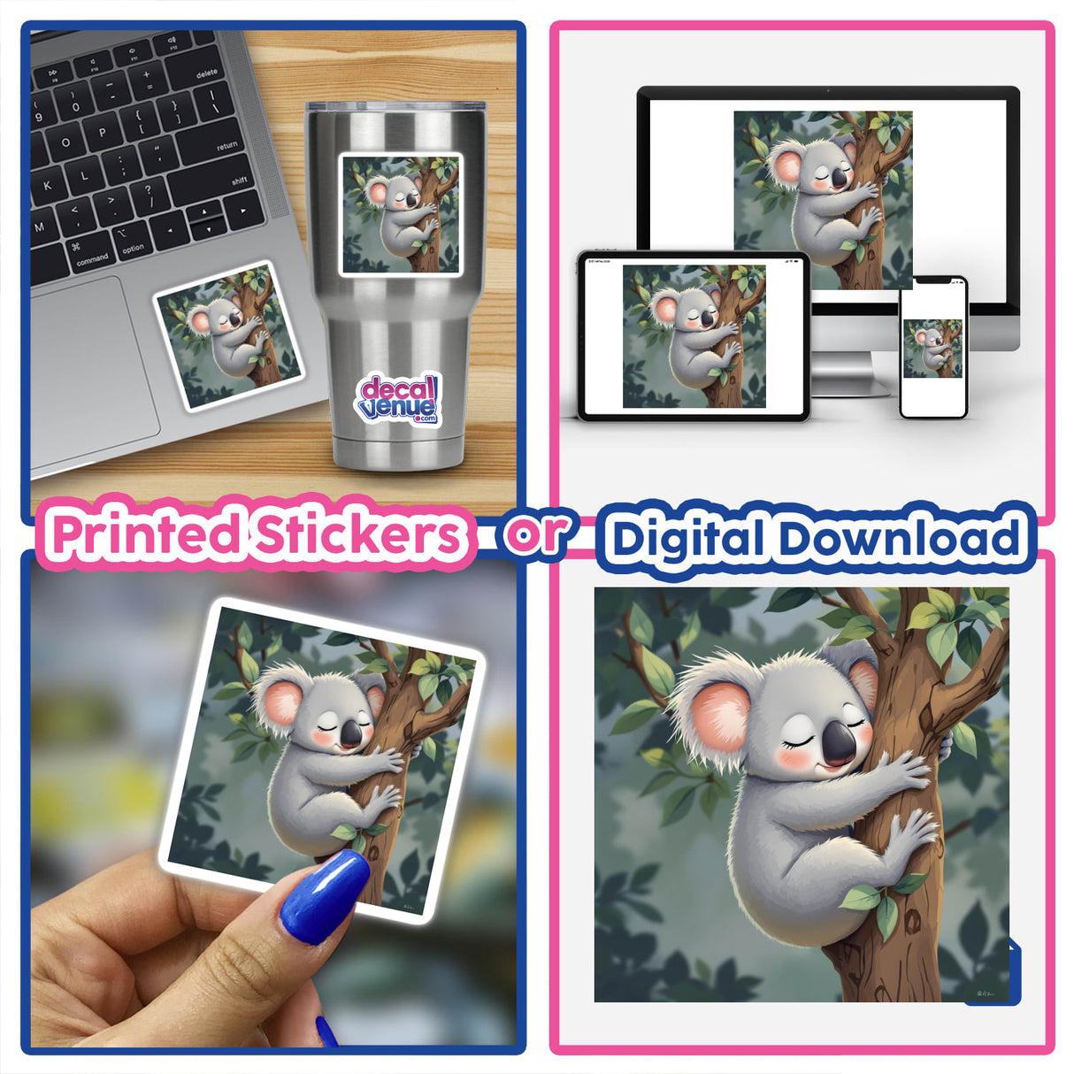 Adorable Sleeping Koala Hugging a Tree depicted in a collage of images, including a koala on a laptop and a silver mug, available as stickers or digital artwork from Decal Venue.