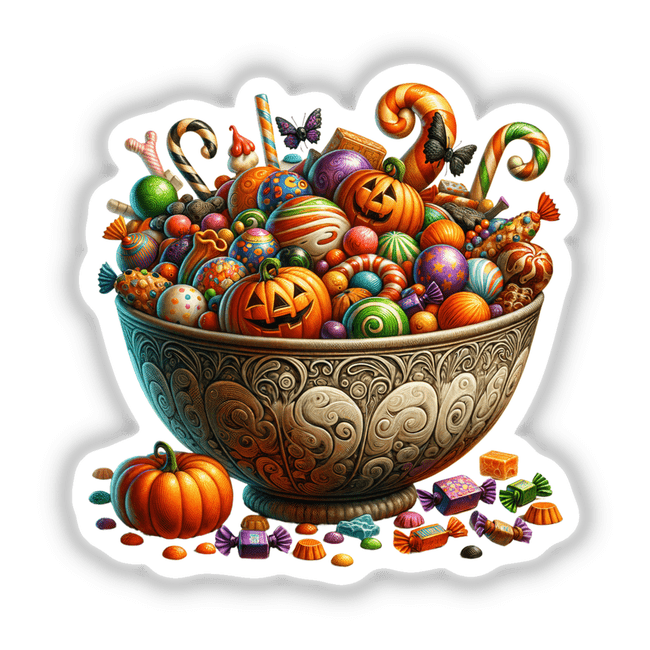 Vibrant bowl of Halloween treats and decorations including pumpkins, candies, and colorful embellishments in an ornate ceramic bowl.