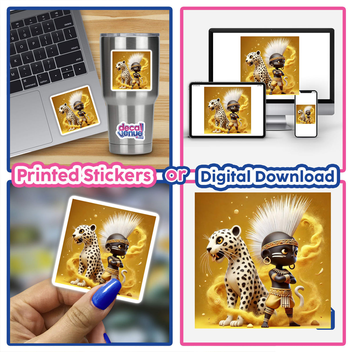 African Tribal Warrior digital artwork featuring a cartoon character alongside a cheetah, depicted on a laptop screen, highlighting its availability as unique stickers or digital art from Decal Venue.