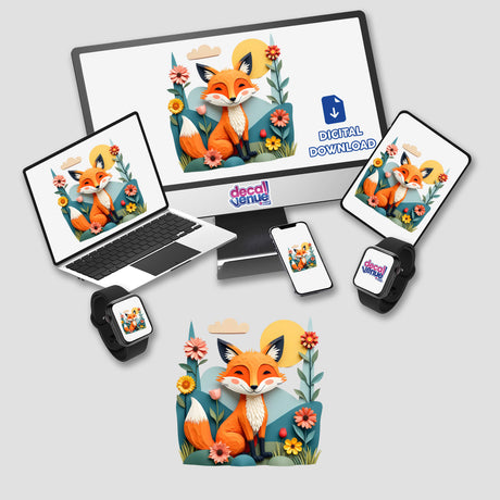 Fox Paper Collage Art displayed on a computer monitor and laptop, featuring a fox with flowers, available as stickers or digital artwork.