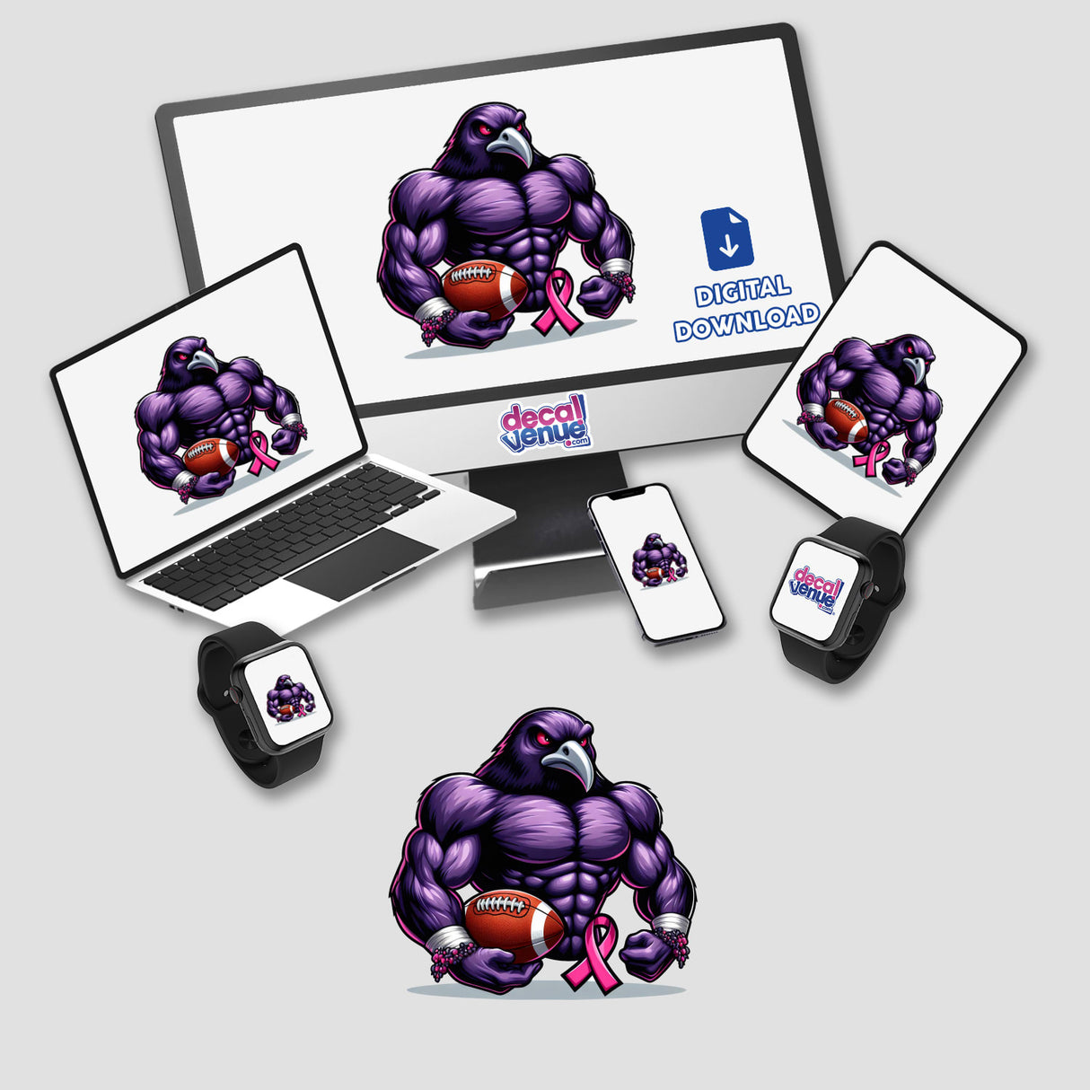 Muscular Purple Raven Bird Football Breast Cancer Awareness digital artwork displayed on various devices including a laptop, computer, tablet, phone, and smartwatch. Available as stickers or digital artwork.