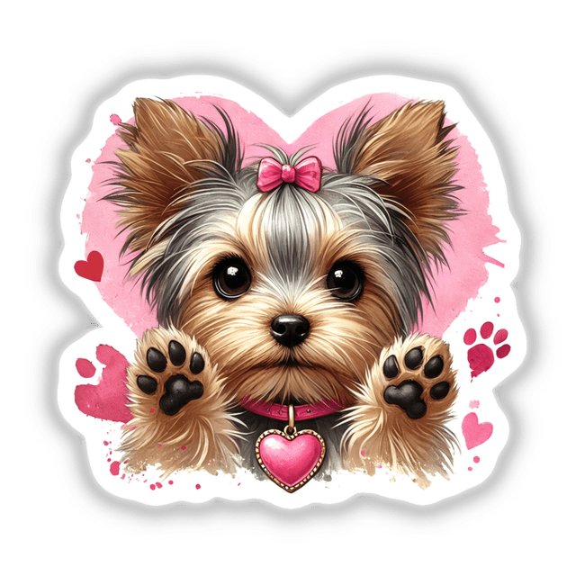 Watercolor Heart Yorkie Dog Paws transparent design featuring a Yorkie with a pink bow, paws resting on a heart, ideal for stickers or digital artwork from Decal Venue.