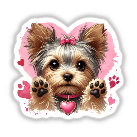 Watercolor Heart Yorkie Dog Paws transparent design featuring a Yorkie with a pink bow, paws resting on a heart, ideal for stickers or digital artwork from Decal Venue.