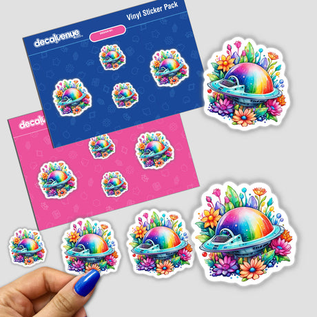 Hand holding a pack of Alien Odyssey: Floral Splash Rainbow Spaceship stickers, featuring UFOs and spaceships surrounded by flowers, available as stickers or digital artwork.