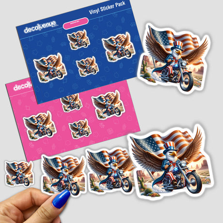 Patriotic eagle riding motorcycle through desert, available as stickers or digital downloads from Decal Venue, a store offering unique stickers and digital art.