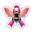 Bumblebee Pink Ribbon Breast Cancer sticker or digital artwork featuring a bee with wings and a pink ribbon, illustrated in a cartoon style. Available at Decal Venue.