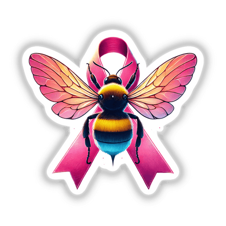 Bumblebee Pink Ribbon Breast Cancer sticker or digital artwork featuring a bee with wings and a pink ribbon, illustrated in a cartoon style. Available at Decal Venue.