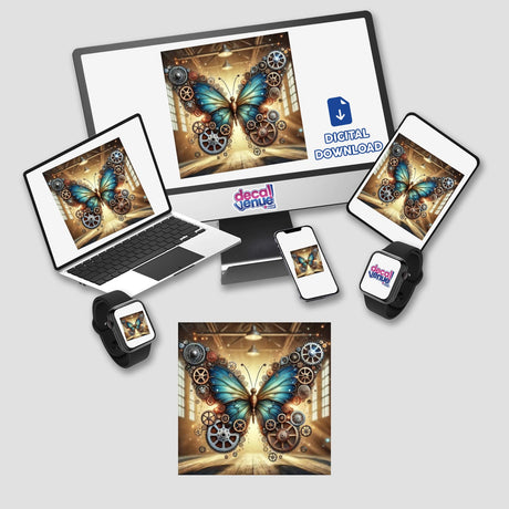 Mechanical Butterfly - Wings of Gears and Cogs displayed on a computer monitor and laptop; available as stickers or digital artwork.