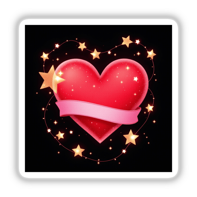 Red Heart with Pink Ribbon and Fairy Lights, available as stickers or digital artwork, featuring a heart adorned with a pink ribbon and twinkling stars, ideal for Valentine's Day at Decal Venue.