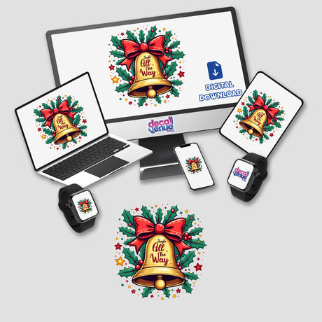 Festive Jingle All the Way Bell Christmas sticker featuring a computer monitor, laptop, and smart watch adorned with bells, red bows, and holly leaves. Available as stickers or digital artwork.