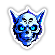 Cartoon illustration of A Cool Undead Cat Skull with striking blue eyes, available as unique stickers or digital artwork, reflecting Decal Venue's creative style.