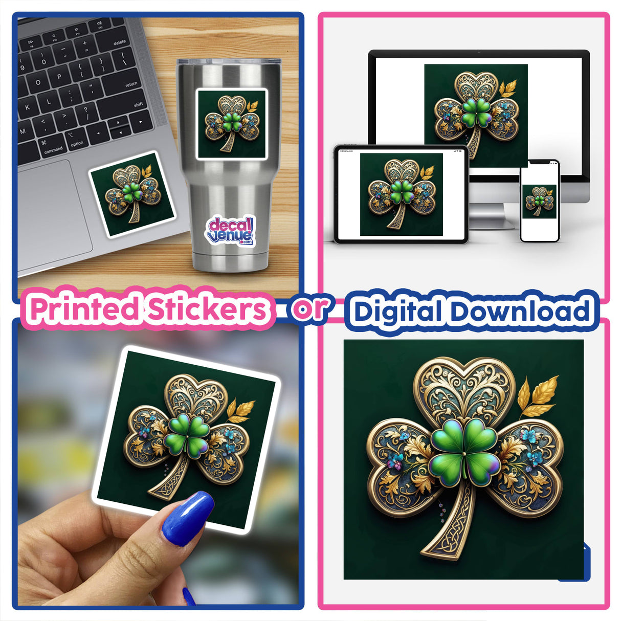 Collage showcasing the Ornate Shamrock with Golden Filigree, Celtic Patterns, and Floral Accents, available as stickers or digital artwork. Featured are clover motifs on various platforms.