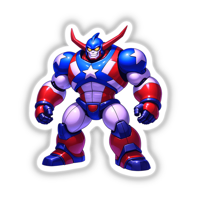 A Cool American Flag Army Robot depicted as a cartoon superhero. Available as unique vinyl stickers or digital artwork, reflecting Decal Venue's specialty in creative, fictional character designs.