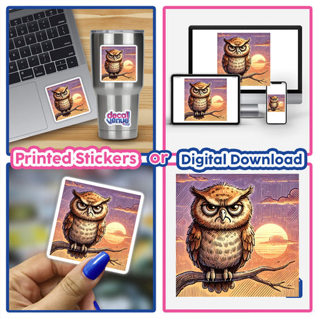 Collage featuring a laptop adorned with a Grumpy Owl at Sunset sticker and a close-up of the sticker showcasing an owl with a grumpy expression on a tree branch.