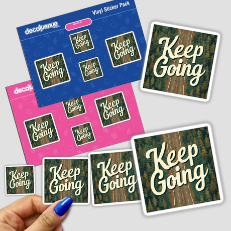 Hand holding Keep Going Motivational Sticker pack featuring tree designs and inspirational text, available as stickers or digital clipart with commercial rights.