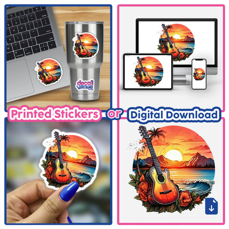 Vibrant digital sunset guitar artwork with palm trees, beach, and dramatic sky, versatile for printed stickers or digital download