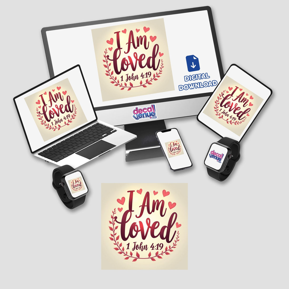 I Am Loved - 1 John 4:19 | Heartfelt Faith Design sticker or clipart on a laptop, showcasing Christian faith-based artwork available for commercial use.