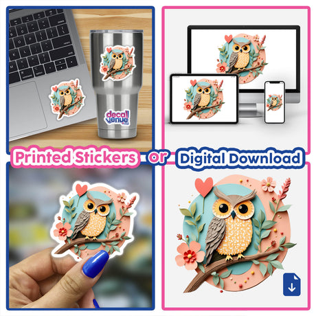 Whimsical Owl Paper Collage Art in Pastel Colors featured on various stickers, including a laptop, a cup, and a hand, showcasing its playful and charming design.