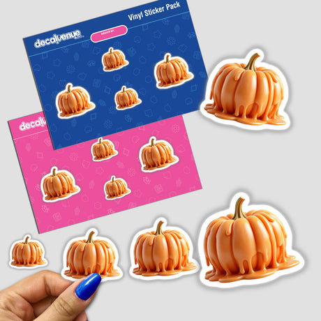 Sticker pack titled Pumpkin Dripping Candle Wax featuring pumpkins enveloped in melted caramel, available as stickers or digital artwork. Ideal for adding a unique, seasonal touch.