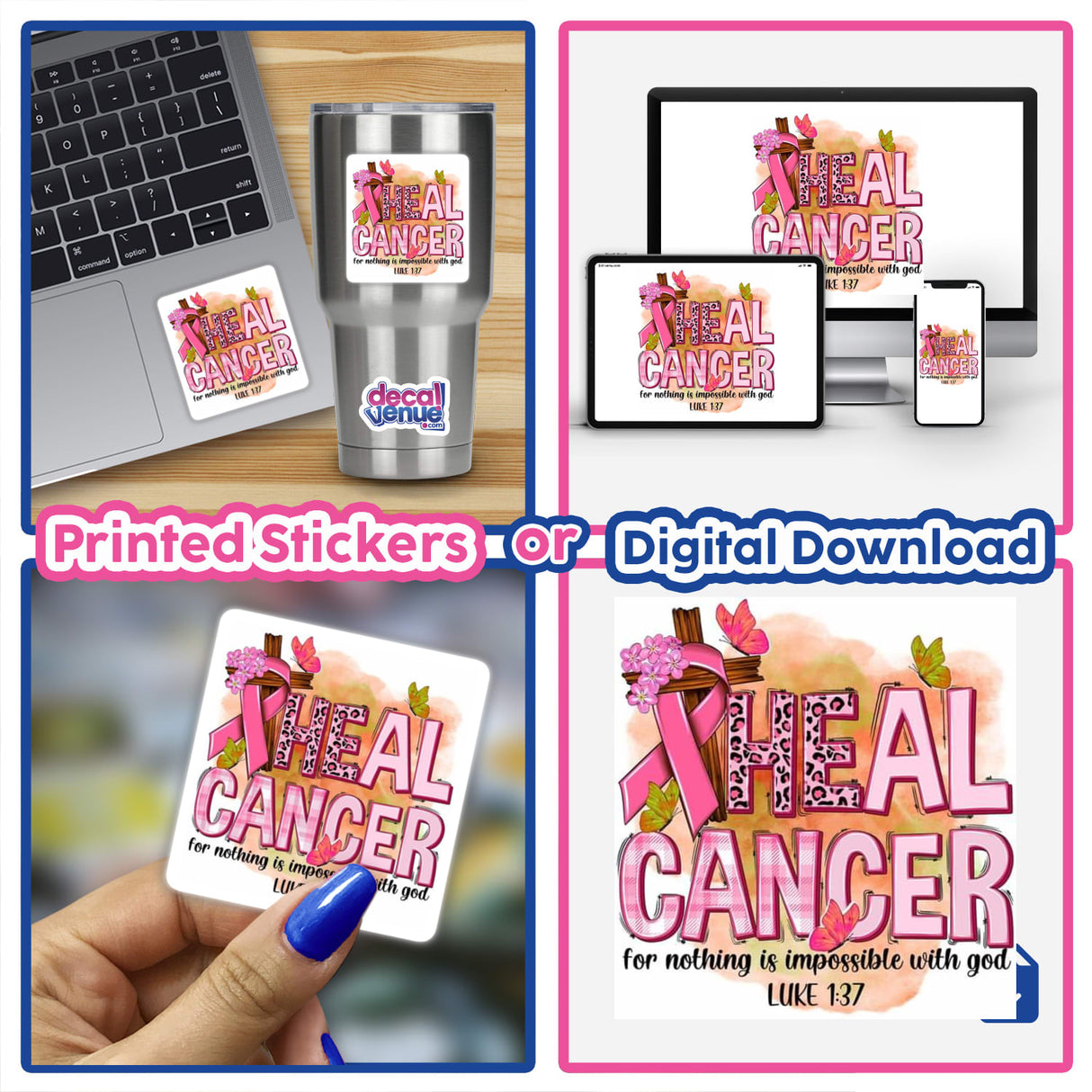 Gold Breast Cancer Series 3: A collage showing a laptop with a pink ribbon and butterfly sticker, alongside a person painting nails, a close-up of a drink, and various device screenshots.