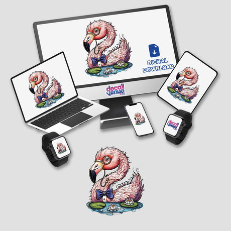 Elegant Flamingo with Monocle, Bow Tie, and Water Lily Pond displayed on a computer monitor and laptop, available as stickers or digital artwork from Decal Venue.