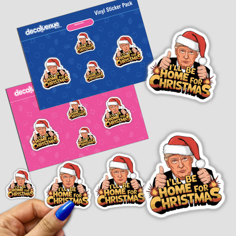 Trump in Santa Hat, I'll be home for Christmas MAGA III sticker features a cartoon man wearing a Santa hat, giving a thumbs-up gesture, available as stickers or digital artwork.