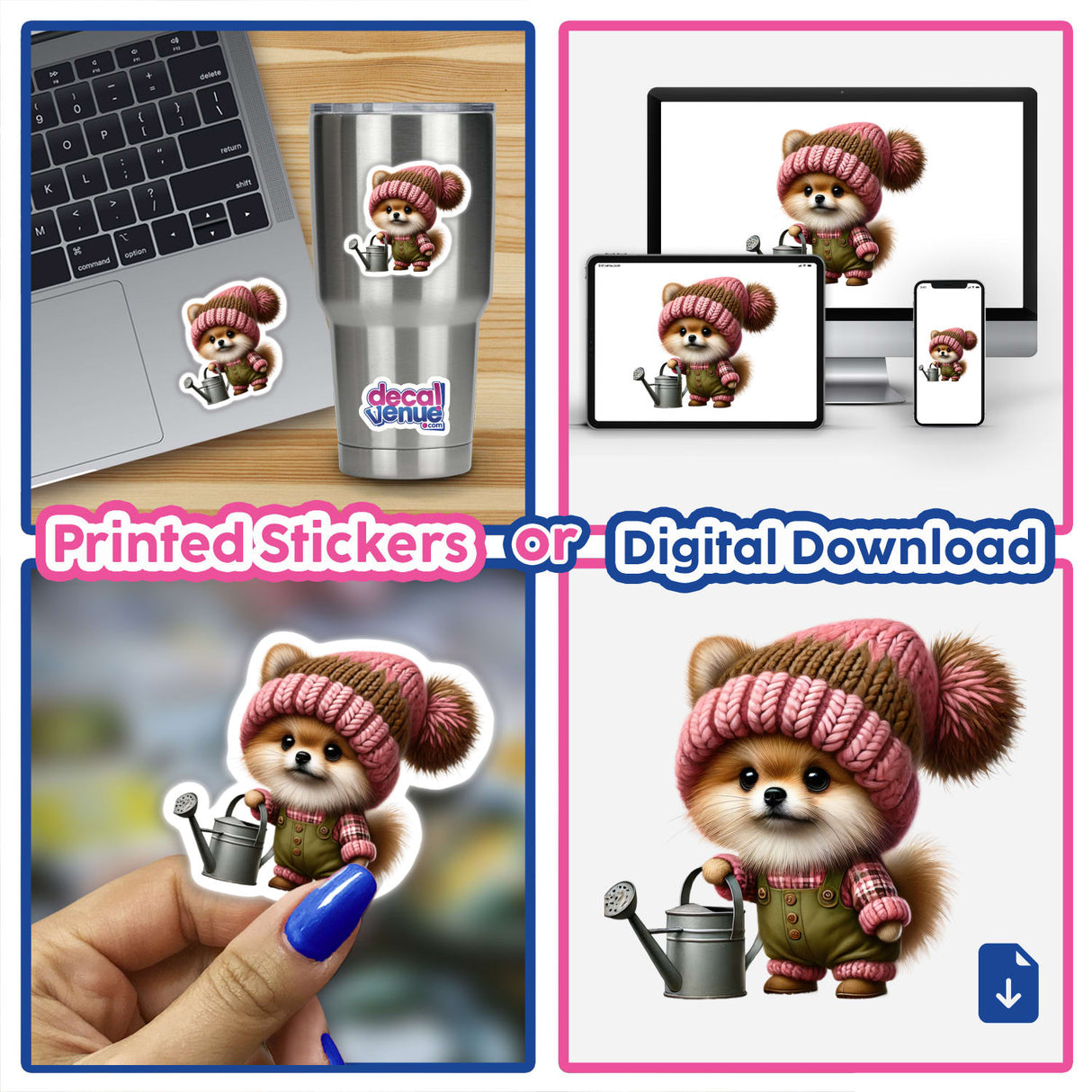 Cute Pomeranian puppy wearing a gnome hat and holding a watering can, displayed on various products from the Decal Venue store.