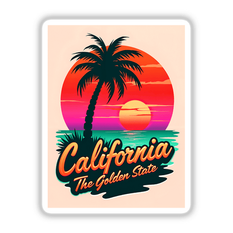 California The Golden State poster featuring a silhouetted palm tree against a sunset backdrop, available as stickers or digital artwork, epitomizing Decal Venue's unique graphic design offerings.