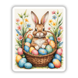 A Cute Easter Bunny in a Basket with Eggs, featured as a vibrant sticker or digital artwork, showcasing a rabbit nestled among decorative eggs, embodying Decal Venue's unique style.