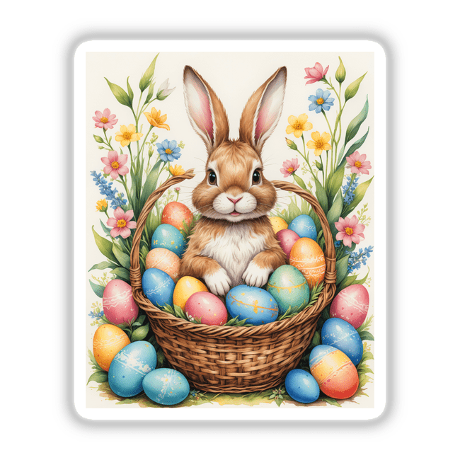 A Cute Easter Bunny in a Basket with Eggs, featured as a vibrant sticker or digital artwork, showcasing a rabbit nestled among decorative eggs, embodying Decal Venue's unique style.