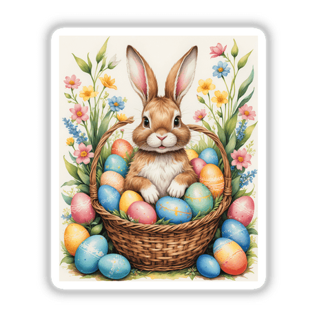 A Cute Easter Bunny in a Basket with Eggs, featured as a vibrant sticker or digital artwork, showcasing a rabbit nestled among decorative eggs, embodying Decal Venue's unique style.