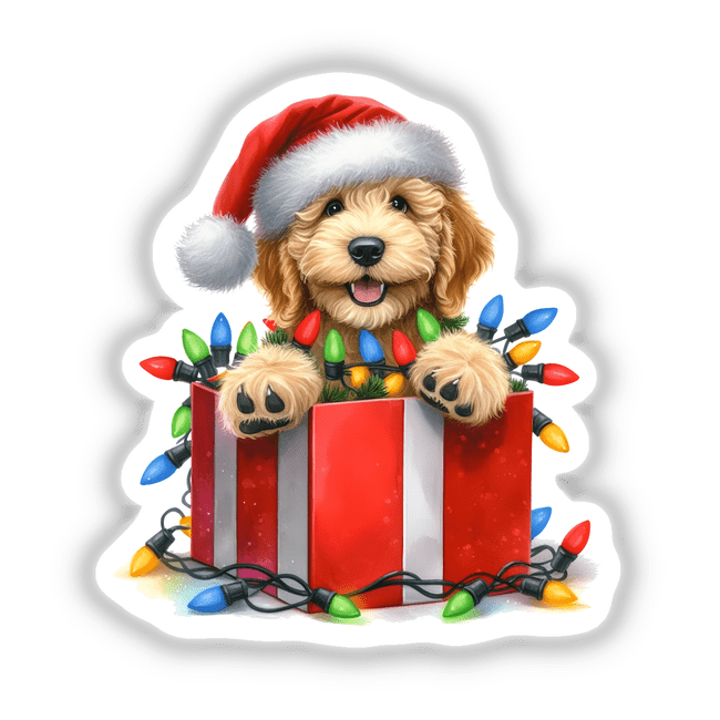 Christmas Lights Santa Golden Doodle Dog in Gift Box II, featuring a whimsical dog in a Santa hat playfully holding Christmas lights, available as stickers or digital artwork.