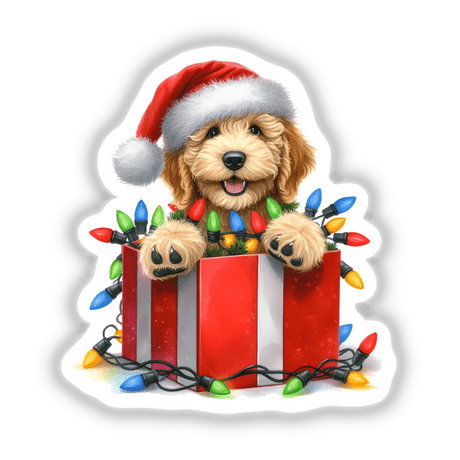 Christmas Lights Santa Golden Doodle Dog in Gift Box II, featuring a whimsical dog in a Santa hat playfully holding Christmas lights, available as stickers or digital artwork.