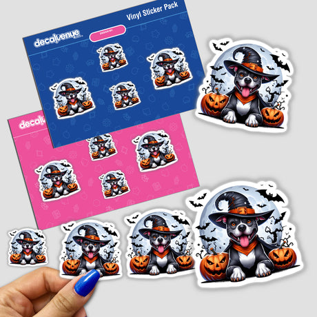 Colorful Halloween-themed digital stickers featuring a playful pitbull dog wearing a witch hat and surrounded by pumpkins against a spooky background, showcased on a Vinyl Sticker Pack from the Decal Venue store.