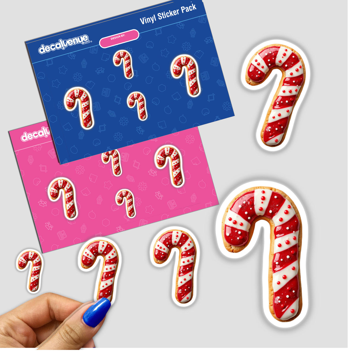 Festive Candy Cane Christmas Cookie sticker pack featuring detailed candy cane cookies with red and white frosting. Available as stickers or digital artwork from Decal Venue.